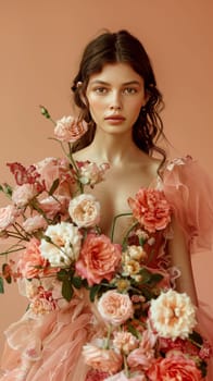 Elegant model showcases a dress crafted from natural roses, creating a youthful fashion statement against a colorful backdrop.