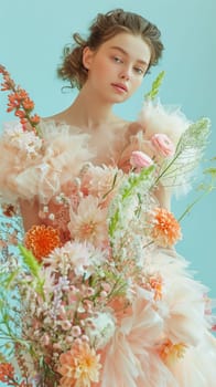 Stylish model adorned in a dress made from real flowers poses against a soft pastel backdrop for a fresh, youthful fashion statement.