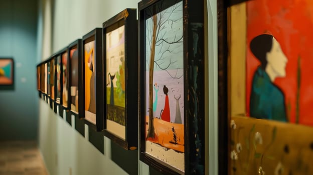A collection of beautifully framed paintings is meticulously displayed.