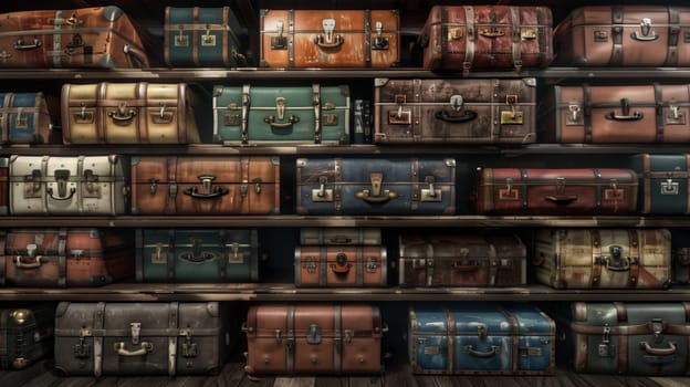 A line of neatly stacked suitcases arranged in a row.