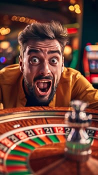 Shocked man at casino, eyes wide before a spinning roulette wheel. The bustling casino atmosphere heightens the drama.