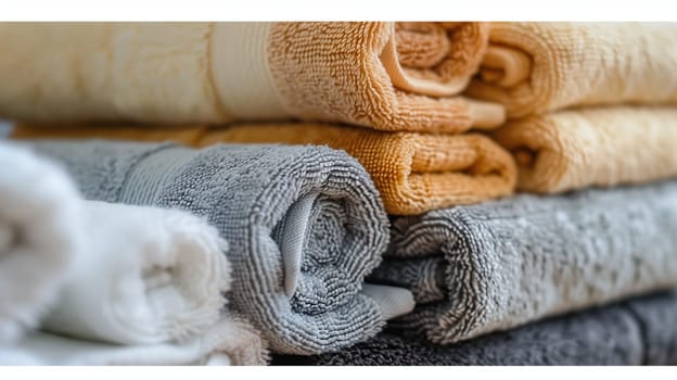 Neatly arranged towels, perfectly folded, poised in an organized row.