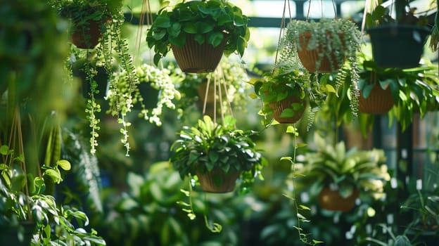 A collection of plants suspended in air, adding vibrant life to any space.