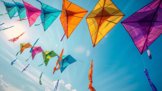 A dazzling array of vibrant kites danced gracefully in the sky, painting it in a multitude of hues.