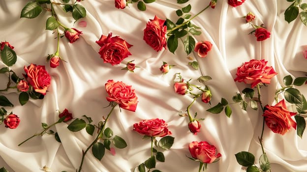 "A bed crafted from natural red roses set against a pastel-colored backdrop."""