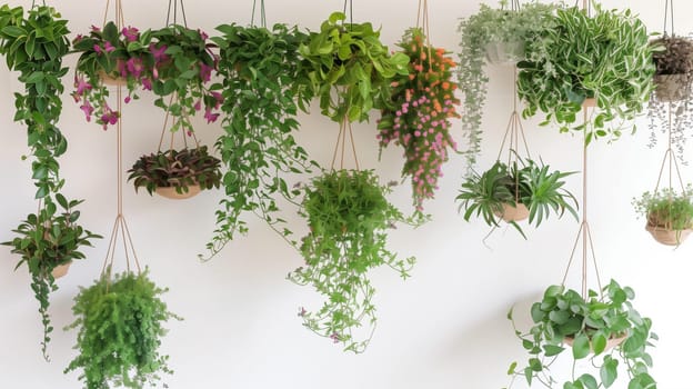 A collection of lush hanging plants adds a vibrant touch of greenery.