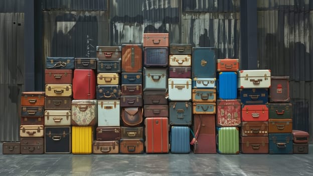 A line of neatly stacked suitcases arranged in order.