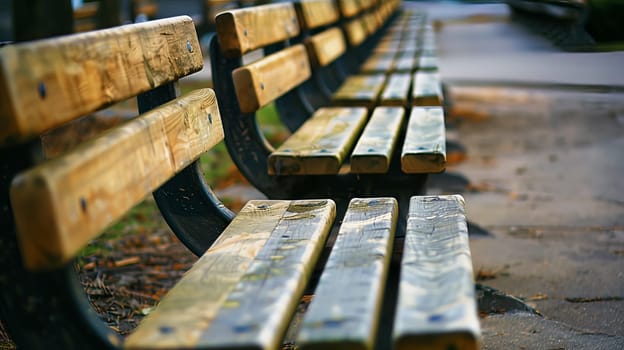 A series of wooden benches meticulously aligned, providing a harmonious seating arrangement.