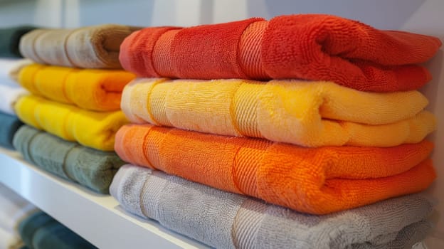 "A neatly arranged lineup of perfectly folded towels showcases organization."""