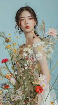 Elegant model showcases a dress made of real flowers, striking a pose against a soft pastel backdrop for a youthful, trendy fashion statement.