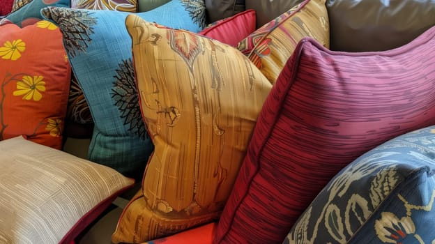 An exquisite assortment of decorative cushions, enhancing room aesthetics with vibrant colors and unique designs.