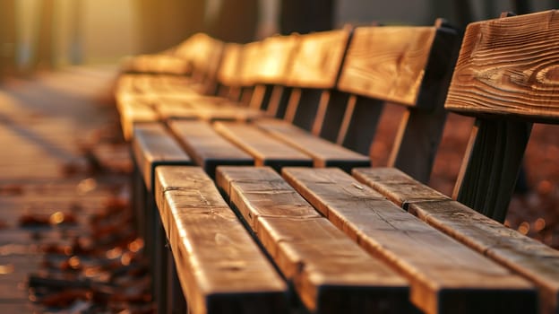 A line of wooden benches, neatly arranged, invites passersby to sit and enjoy the surroundings.