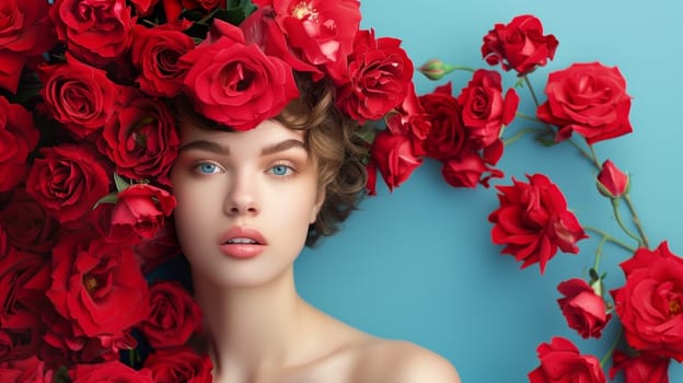 Fashionable young model sporting a dress made from natural red roses, showcased against a vibrant background.