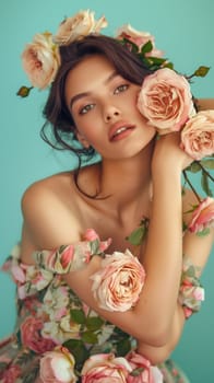 Chic model sports a unique dress made of real roses, showcasing a fresh fashion look against a colorful background.