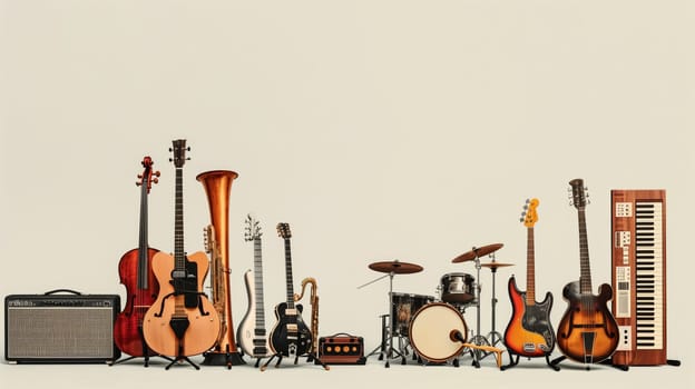A lineup of diverse musical instruments, each poised to create enchanting melodies.