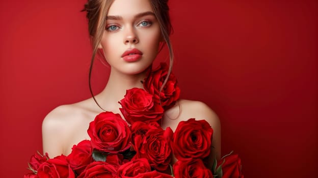 Elegant model showcases a unique fashion look, donning a dress made from natural red roses, set against a vibrant background.