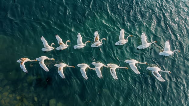 A breathtaking aerial shot captures a flock of graceful swans gliding on a serene water body.