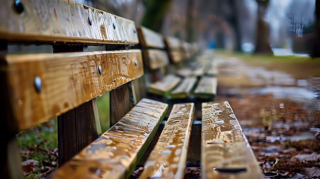 A line of polished wooden benches stands neatly arranged, inviting passersby to take a moment of rest.