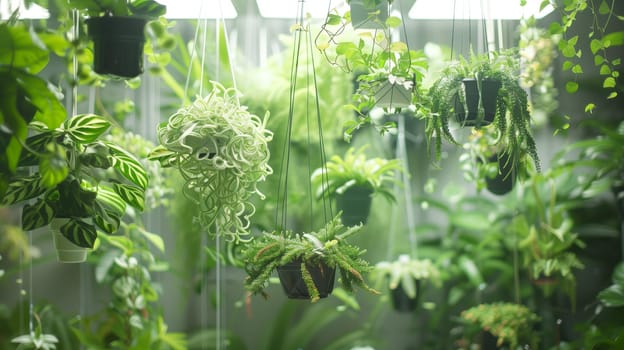 An array of hanging plants adds a touch of greenery, creating a serene and picturesque ambiance.
