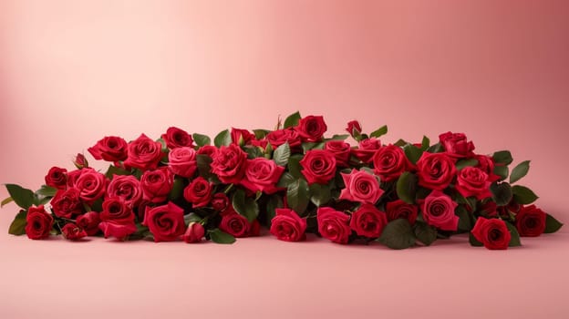 A bed crafted from natural red roses set against a pastel-colored background, creating a vibrant yet delicate display.