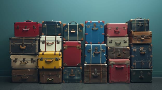 A line of neatly stacked suitcases, arranged in order, awaits transport.