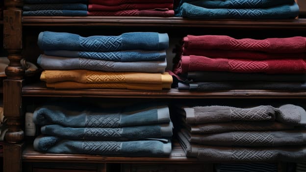 A neatly arranged lineup of folded towels demonstrates organization and adds to the decor.