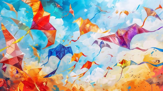 A vibrant assortment of kites fills the sky, showcasing a mesmerizing spectrum of colors and designs.