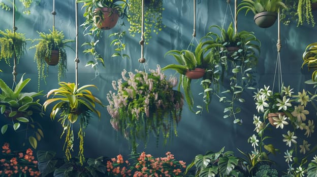 A collection of lush, hanging plants beautifully adorns the space, adding a touch of greenery and nature.