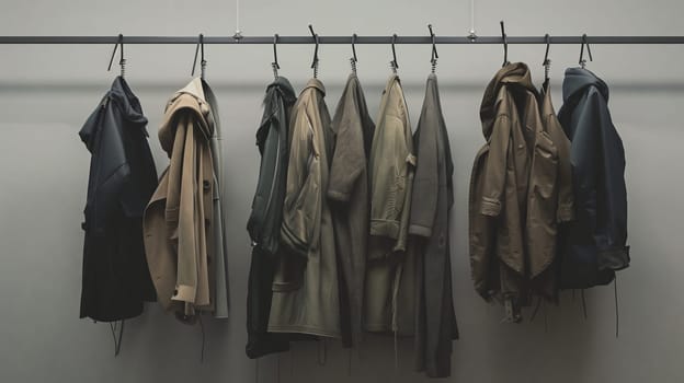 A collection of coats dangles in a neat row, each swaying gently, showcasing an array of vibrant colors and styles.