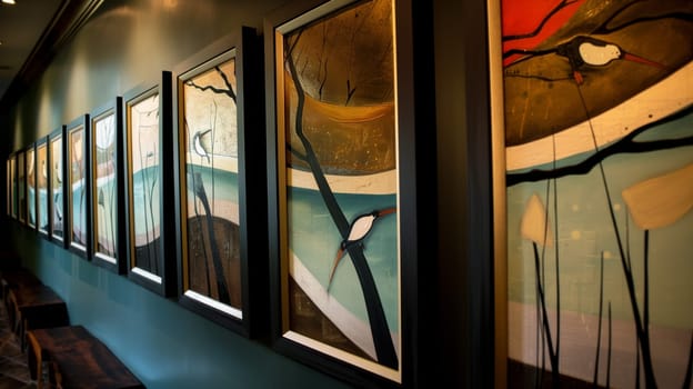 A gallery wall adorned with a series of meticulously framed paintings, showcasing artful mastery.