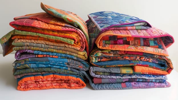A collection of intricately folded quilts, each showcasing captivating designs and meticulous craftsmanship.