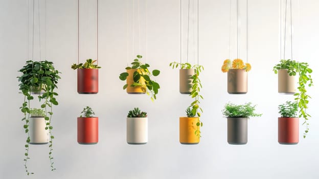 Freshen up your space with a row of vibrant hanging planters, perfectly arranged for an instant garden oasis.