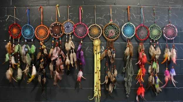 A line of dreamcatchers sways gently, each intricately woven, capturing dreams as they hang.