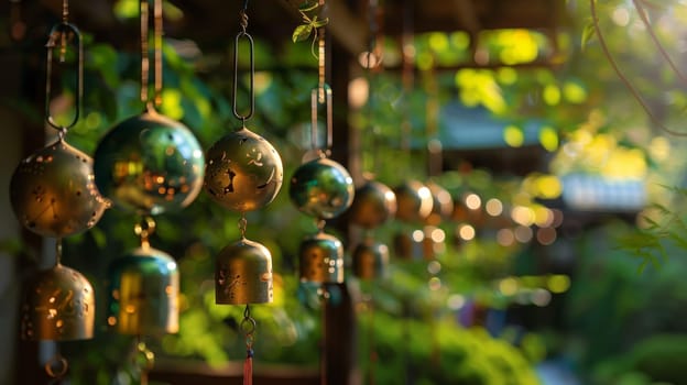 A line of wind chimes swaying, emitting melodious tunes with each gentle breeze.