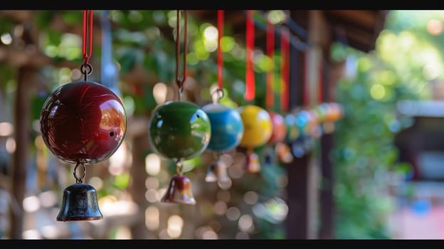 A series of melodious wind chimes sway gently in the breeze, creating harmonious tunes.