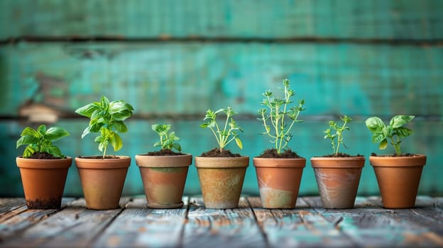 A row of potted herbs flourishing under the tender care of a gardener.