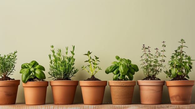 A row of herbs, neatly arranged in pots, brings both aroma and greenery into the space.