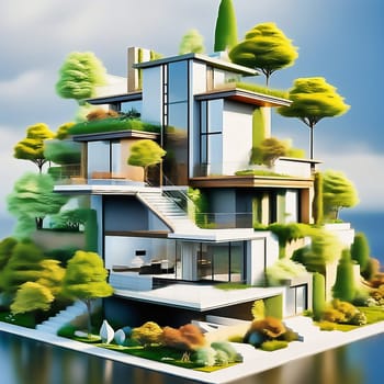 Green technology. Eco house of the future. Renewable energy implemented in architecture. AI generated image