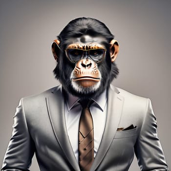 AI monkey in a suit. Businessman as an animal. Monkey head with suit and tie. Funny animal photo