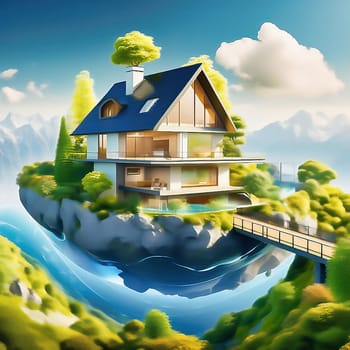 Green technology. Eco house of the future. Renewable energy implemented in architecture. AI generated image
