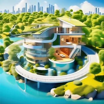 Green technology. Eco house of the future. Renewable energy implemented in architecture. AI generated image
