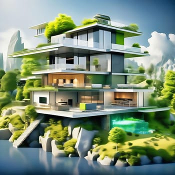 Green technology. Eco house of the future. Renewable energy implemented in architecture. AI generated image