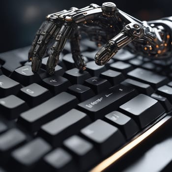 Robot hand taps on a button. Future technology that will make work easier. AI image.