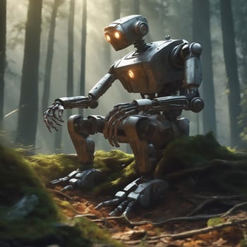 Robot sits in the forest. Future fantasy in which technology and nature meet peacefully. AI image