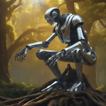 Robot sits in the forest. Future fantasy in which technology and nature meet peacefully. AI image