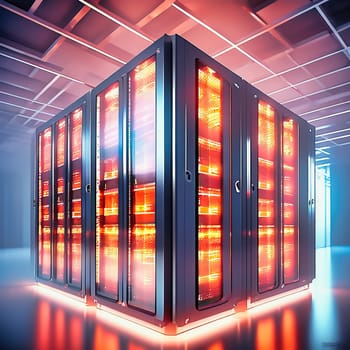 Server room with server cabinets, digitalis for host PC. Management and storage of data. AI generated image.