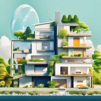 Green technology. Eco house of the future. Renewable energy implemented in architecture. AI generated image