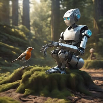 Robot sits in the forest with a robin. Future fantasy in which technology and nature meet peacefully. AI image