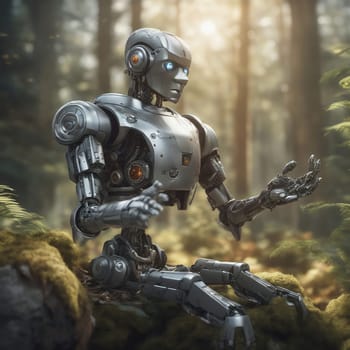 Robot sits in the forest. Future fantasy in which technology and nature meet peacefully. AI image