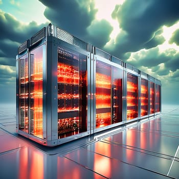 Server room with server cabinets, digitalis for host PC. Management and storage of data. AI generated image.